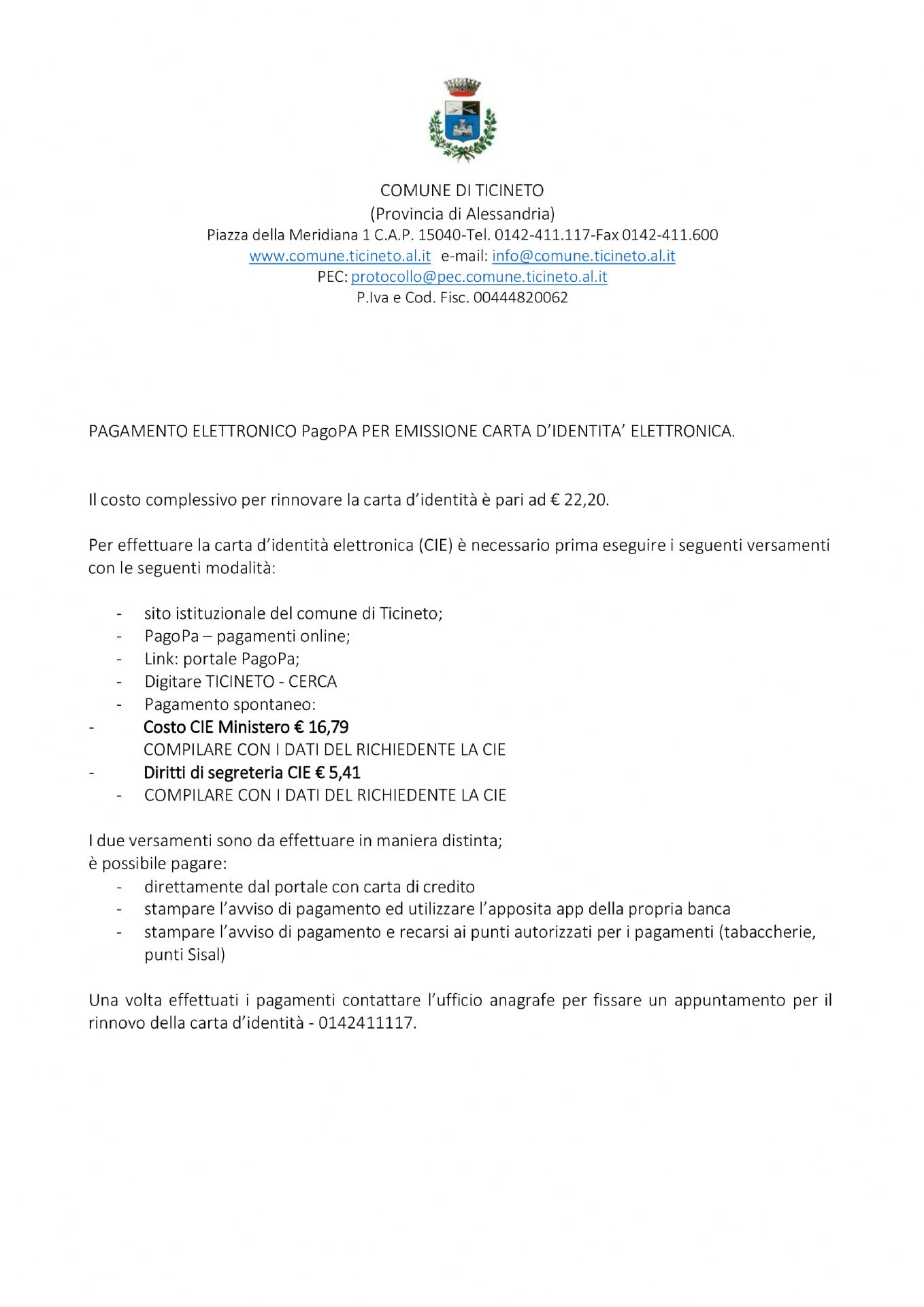 istruzioni versamento diritti carta d'identità elettronica
